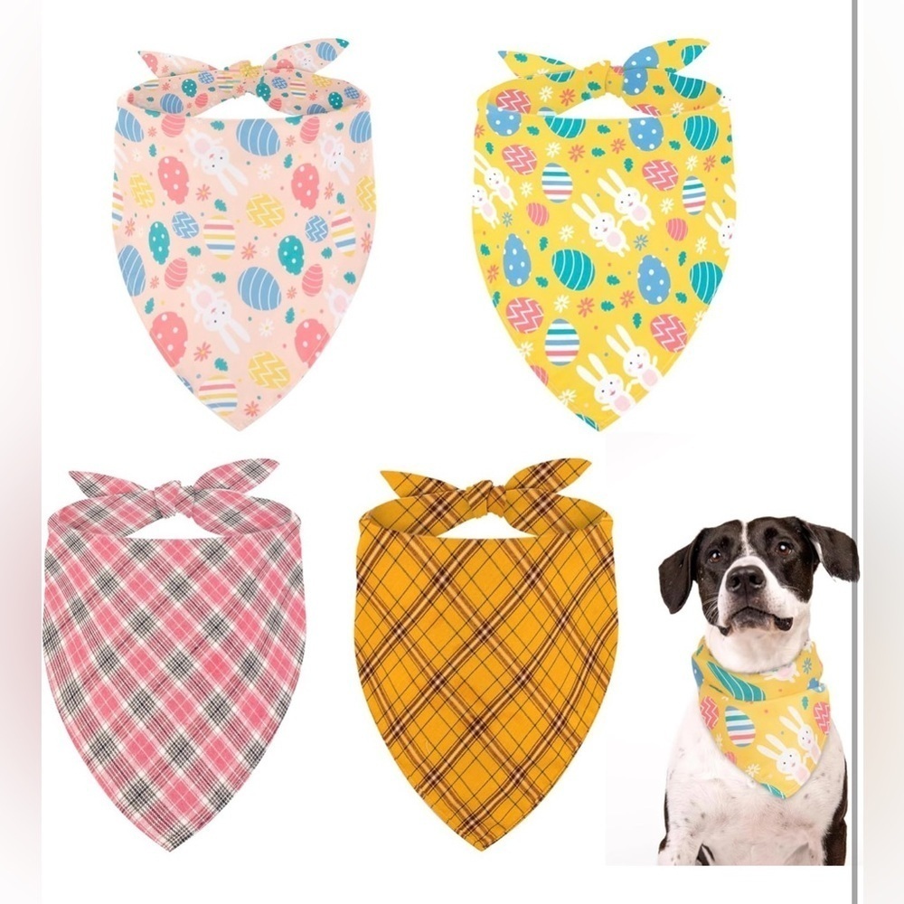 4-Pack Dog Bandana Checkered Keffiyeh Cute Bunny and Eggs Print Fits Dogs Cats